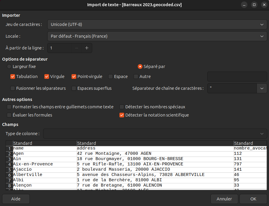 Prévisualisation du fichier CSV de ma base de données terminée.